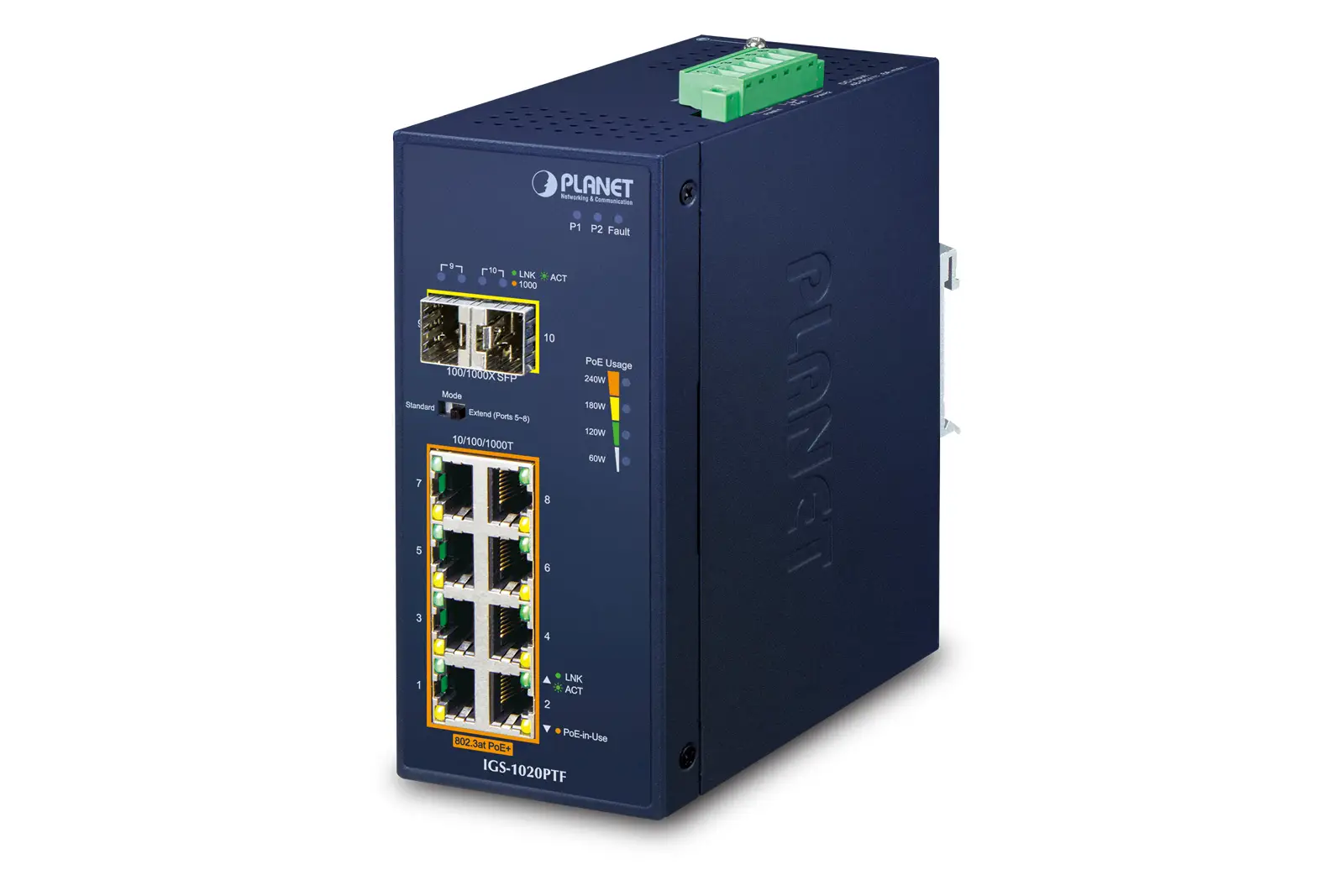 IGS-1020PTF - Industrial 8-Port 10/100/1000T 802.3at PoE + 2-Port 100/1000X SFP Ethernet Switch (-40~75 degrees C)